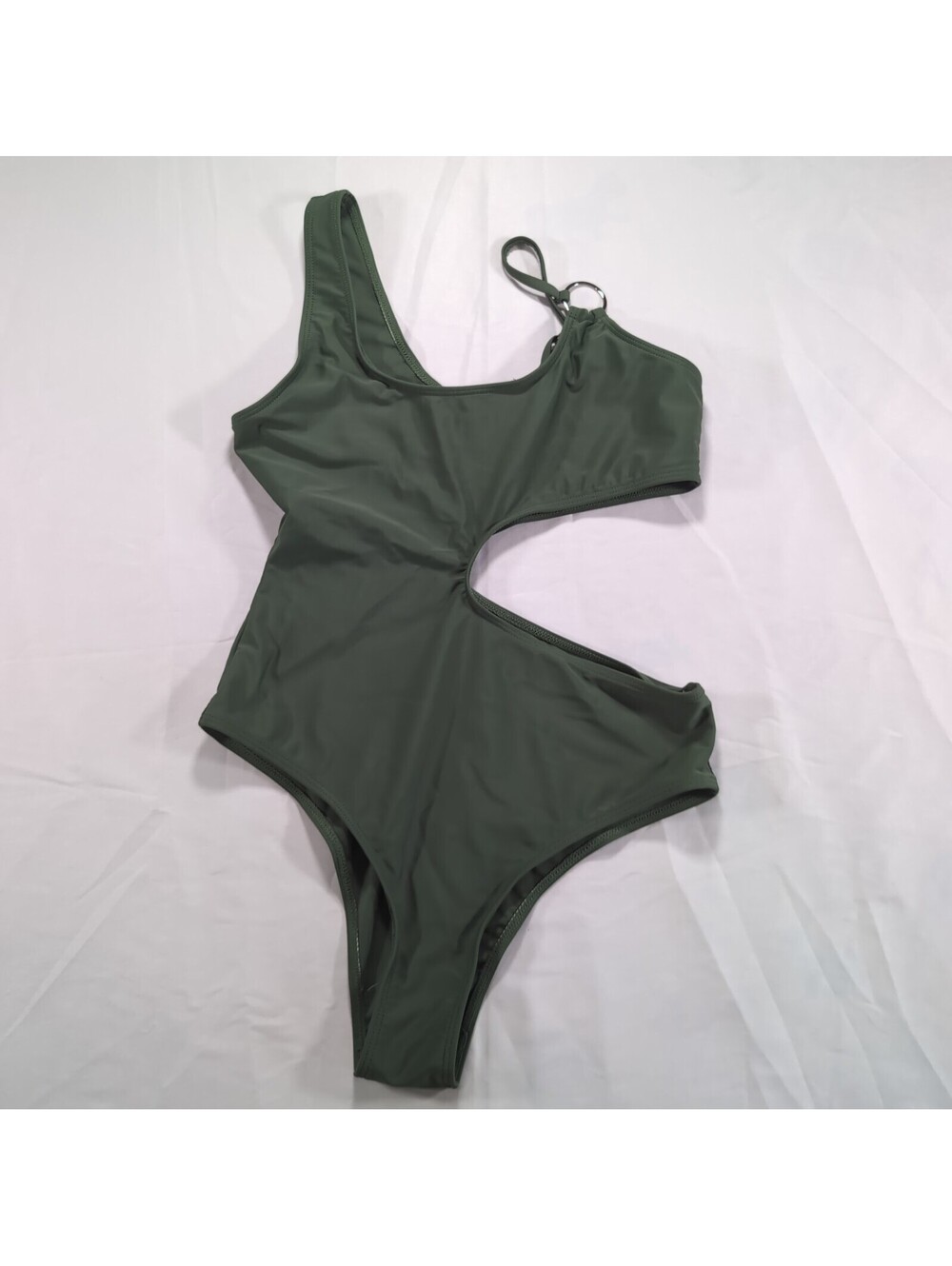 Olive Green One-Shoulder Cutout One-Piece Swimsuit with Ring Detail